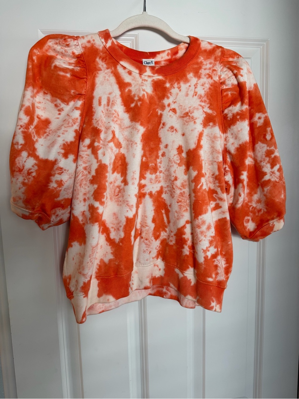 Clare V Orange & White Puff Short Sleeve Tie-Dye Sweatshirt